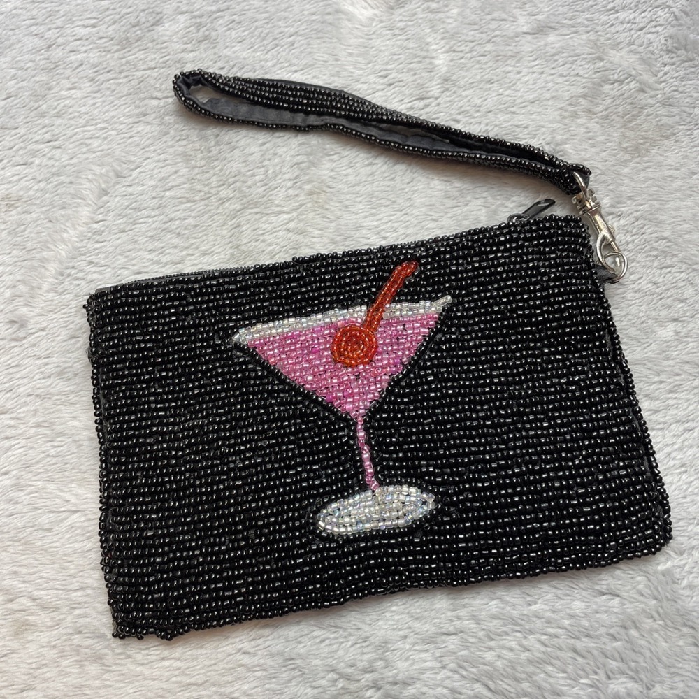 KC Malhan Beaded Evening Bag Wristlet‎ Clutch Wallet Black Martini Party Glamour
